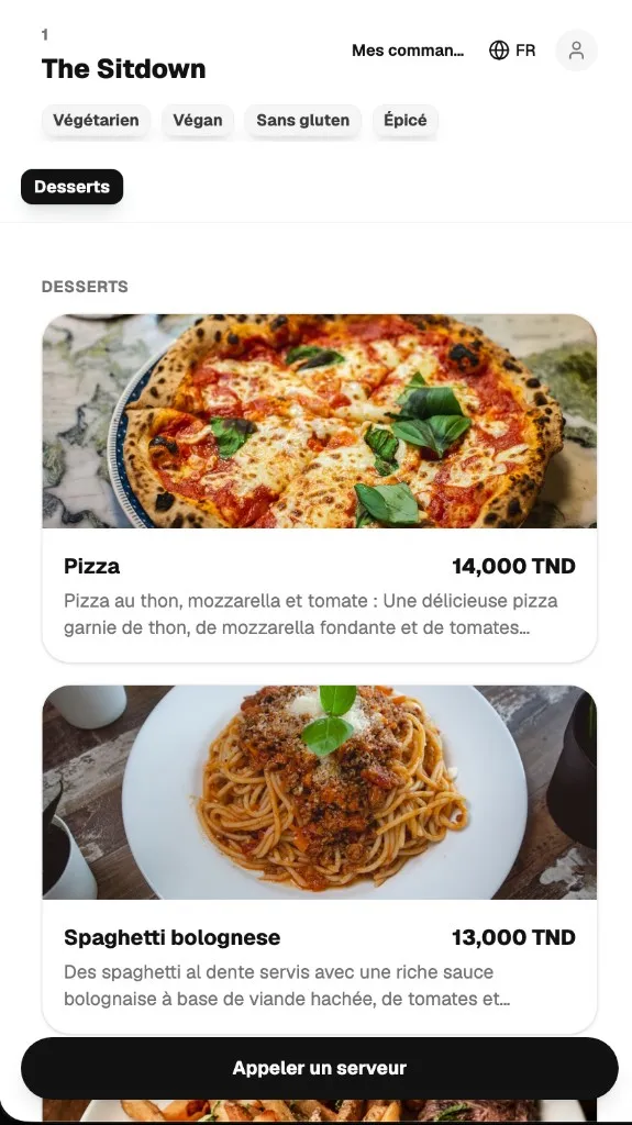 Menu convive Marahbe — parcourir les plats et appeler le serveur