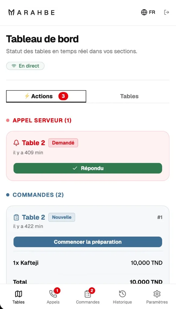 Application staff Marahbe — appels serveur en direct et statut des tables